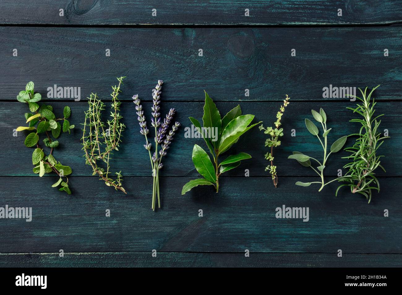 Kräuter, von oben auf einem dunklen rustikalen Holzhintergrund geschossen. Rosmarin, Lavendel, Lorbeerblatt, Thymian, Salbei, Und andere kulinarische Pflanzen, mit Kopieplatz Stockfoto