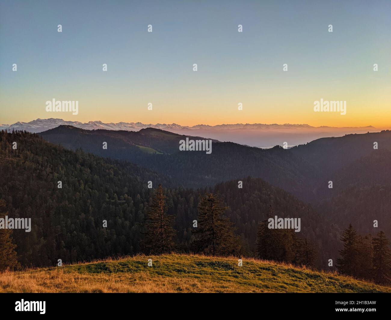 Wunderschöner Sonnenuntergang im Herbst. Schnebelhorn, Zürich. Die Sonnenstrahlen erleuchten die Wiese und die Bäume. Blick auf die alpen Stockfoto