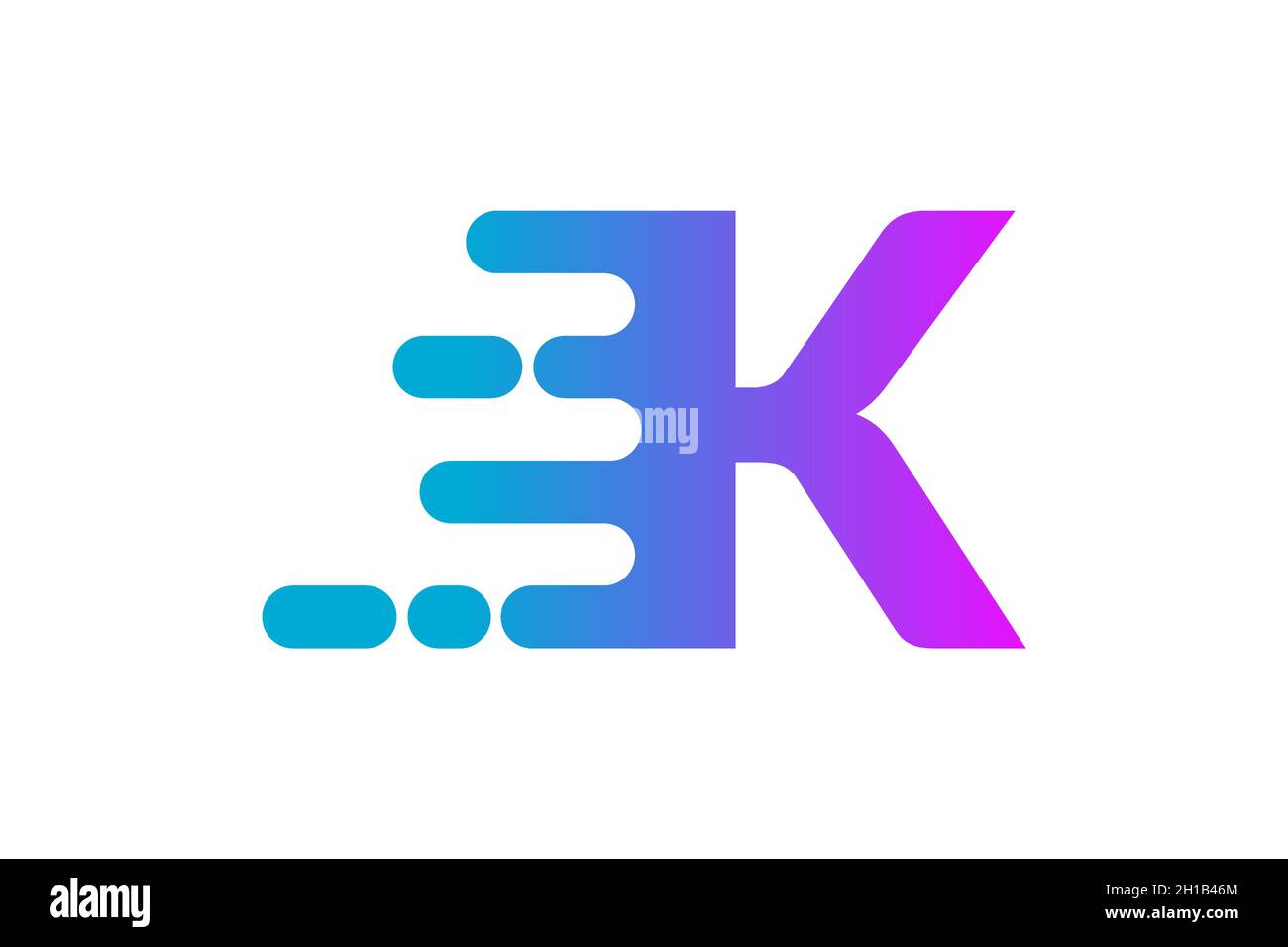 Logo „Buchstabe K“ in Bewegung. Blaues und violettes Verlaufssymbol. Anfängliches K symbolisiert schnelle Geschwindigkeit. Dynamisches Design mit beweglicher Wirkung. Vektorgrafik. Stock Vektor
