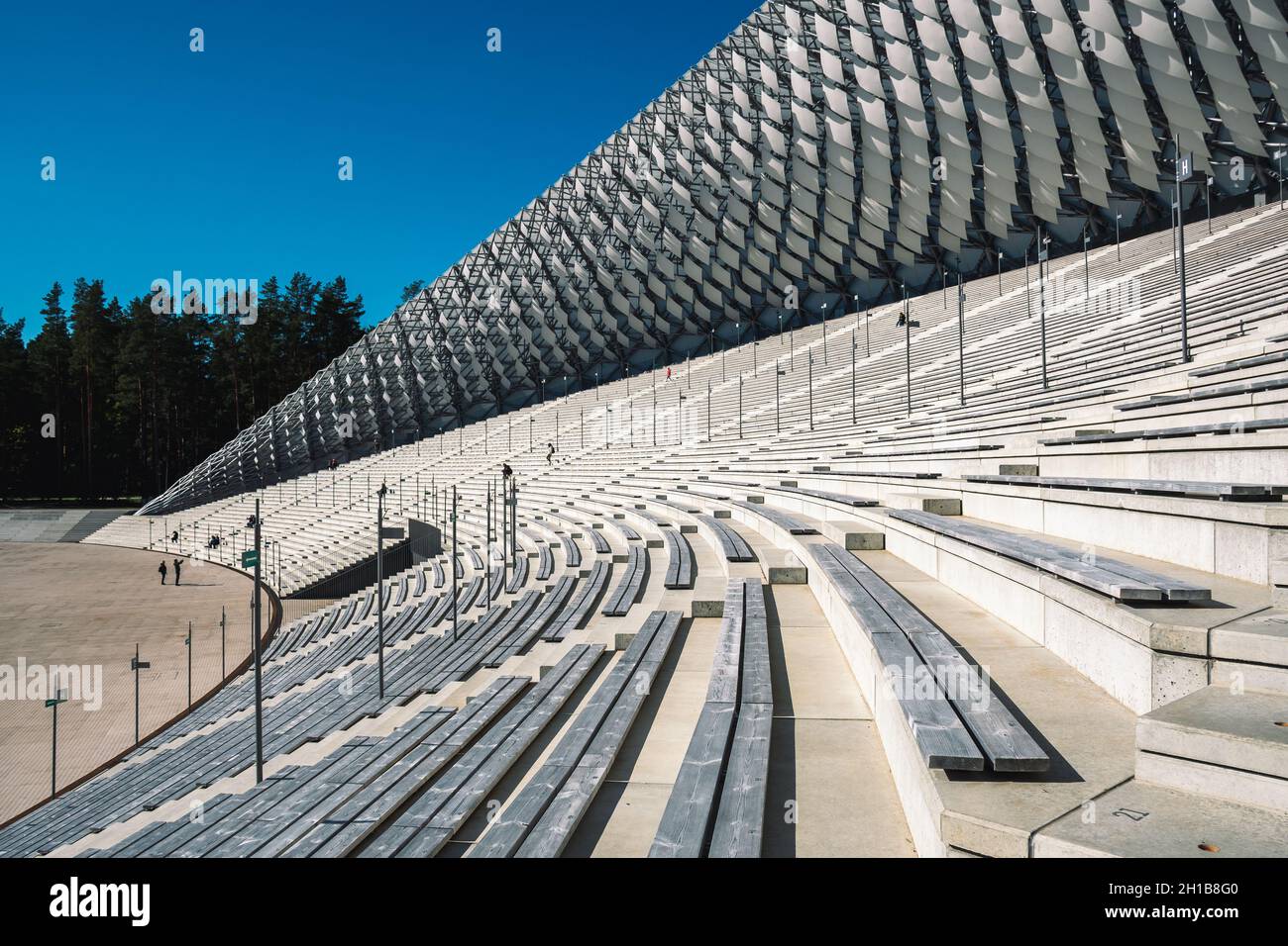 Mežaparks großer Bandstand, Song Festival Bandstand, Open-Air-Bühne, Open-Air-Bandstand im Park im Stadtteil Mežaparks der Hauptstadt Riga Stockfoto