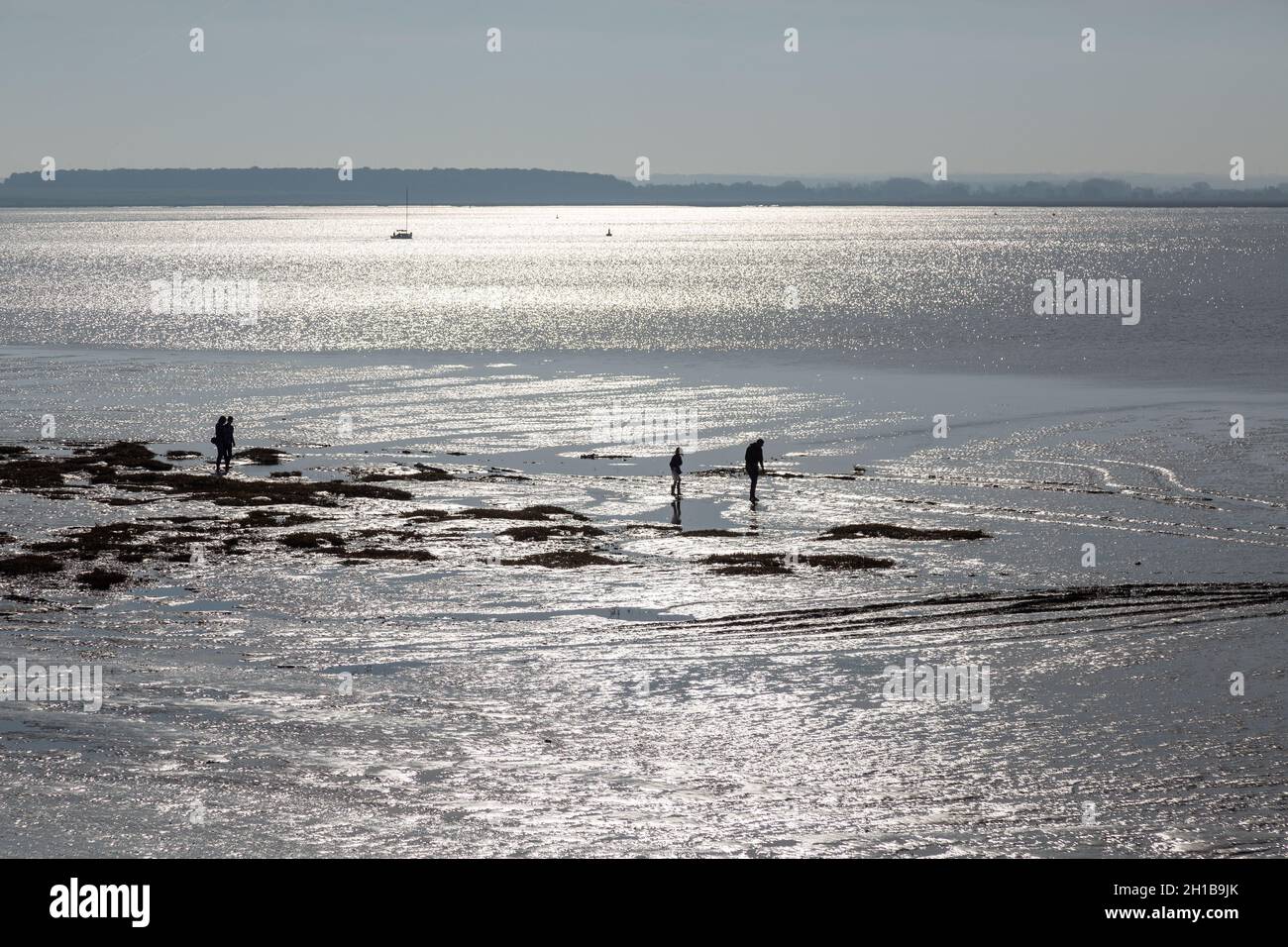 Menschen mit Gegenlicht laufen am Strand. Steigende Flut in der Somme-Bucht, Frankreich Stockfoto