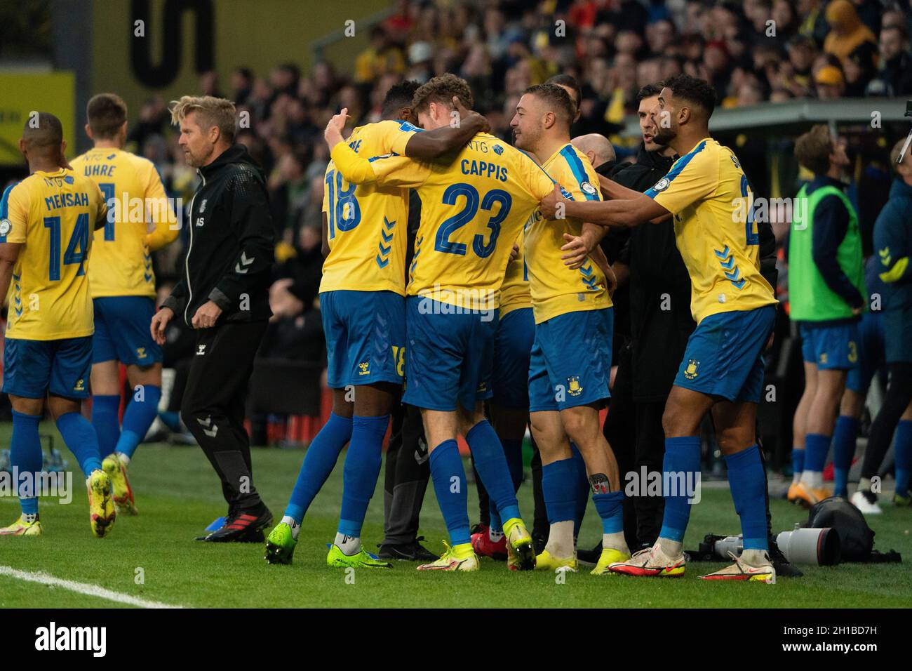 Brondby, Dänemark. , . Christian Cappis (23) von Broendby IF erzielt im 3F Superliga-Spiel zwischen Broendby IF und Vejle Boldklub im Brondby Stadion 3-2 Punkte. (Foto: Gonzales Photo/Alamy Live News Stockfoto