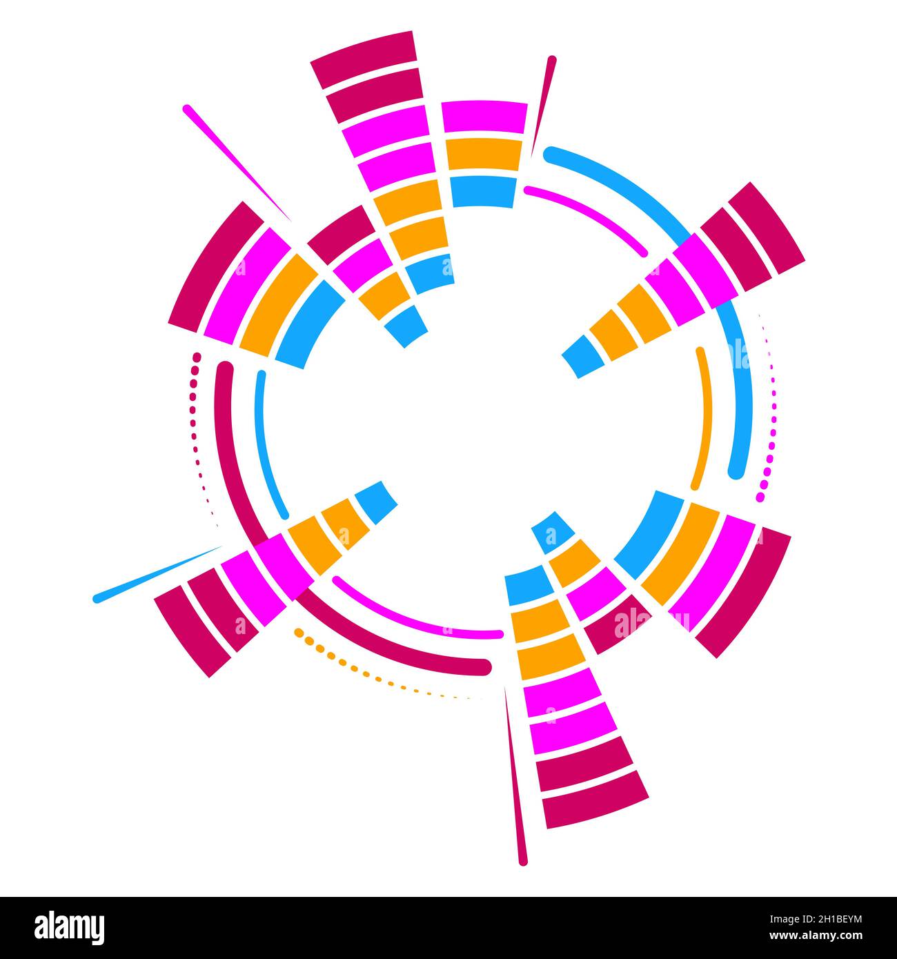 Geometrischer, kreisförmiger Neon-Equalizer in Farbe. EQ Round Audio-Schallwellen. Vektorgrafik. Stock Vektor