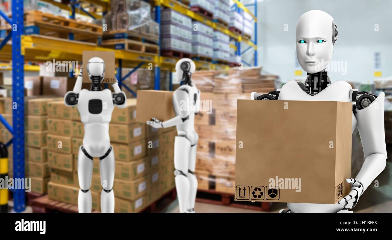 Innovativer Industrieroboter, der im Lager für den Ersatz menschlicher Arbeitskräfte arbeitet. Konzept der künstlichen Intelligenz für industrielle Revolution und Stockfoto