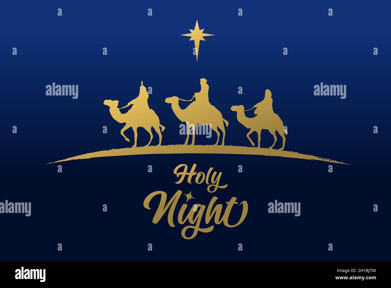 Drei Weise Männer goldene Silhouette, Weihnachtskarte der Heiligen Nacht. Frohe Weihnachten, ein goldener Stern und drei Könige am blauen Himmel. Krippe, Geburt Baby Jesus Stock Vektor