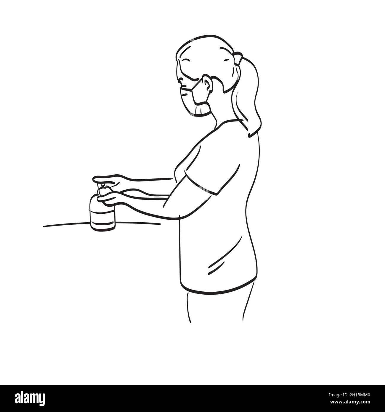 Frau in medizinischen Schutzmaske Anwendung einer antibakteriellen antiseptischen Handgel für die Händedesinfektion Illustration Vektor auf weißem Hintergrund isoliert Stock Vektor