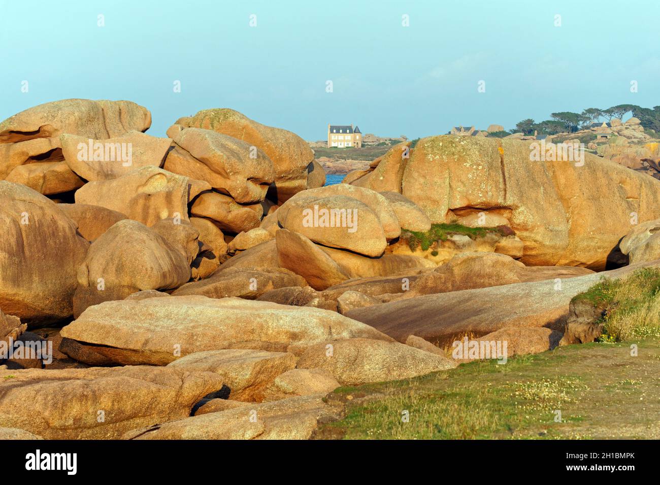 Insel Rénote, in Trégastel (Côte de Granite Rose, Côtes d'Armor, Bretagne, Frankreich). Stockfoto