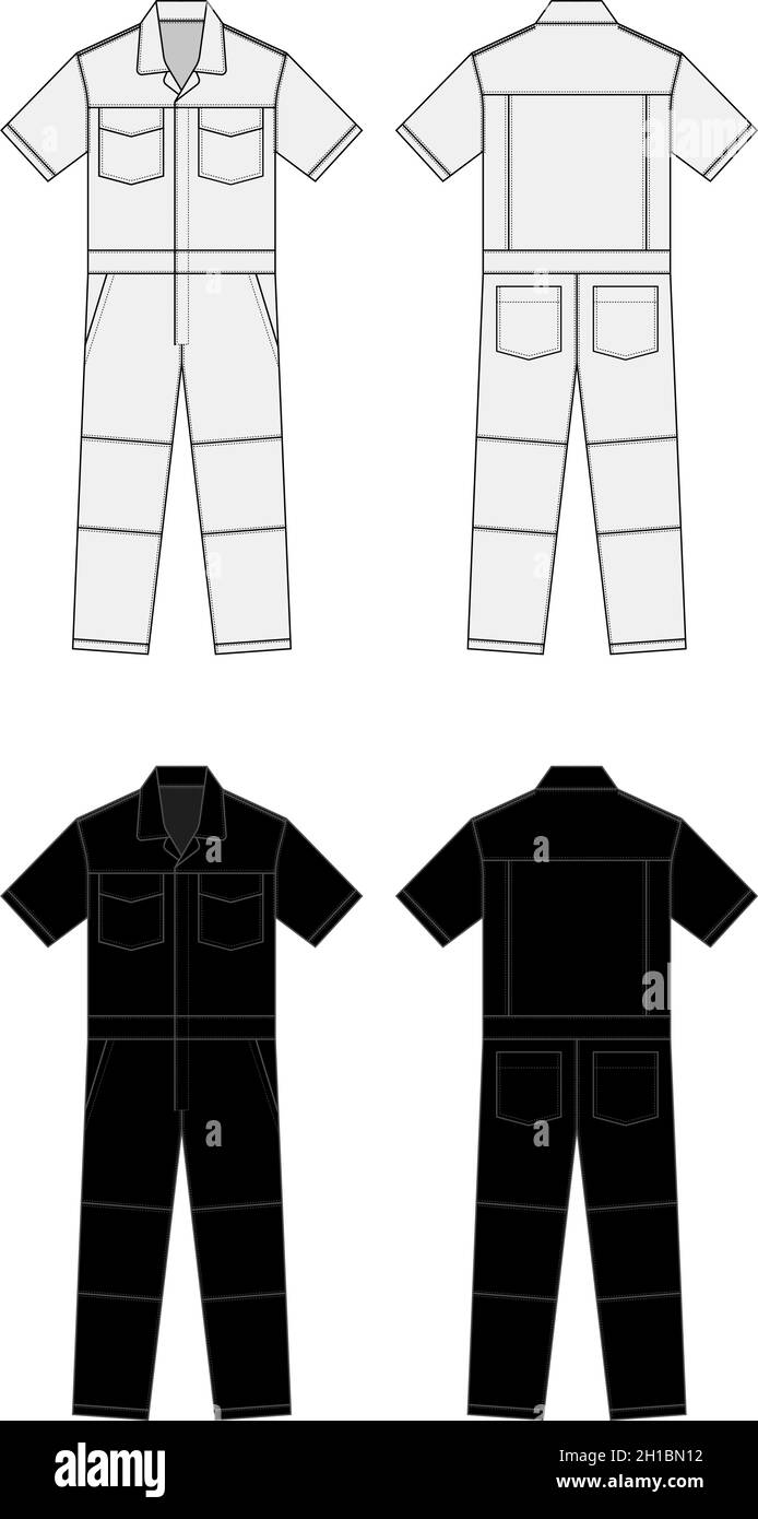 Kurze Ärmel Arbeits Overalls ( Jumpsuit, Boilersuit ) Vorlage Vektor Illustration Set Stock Vektor