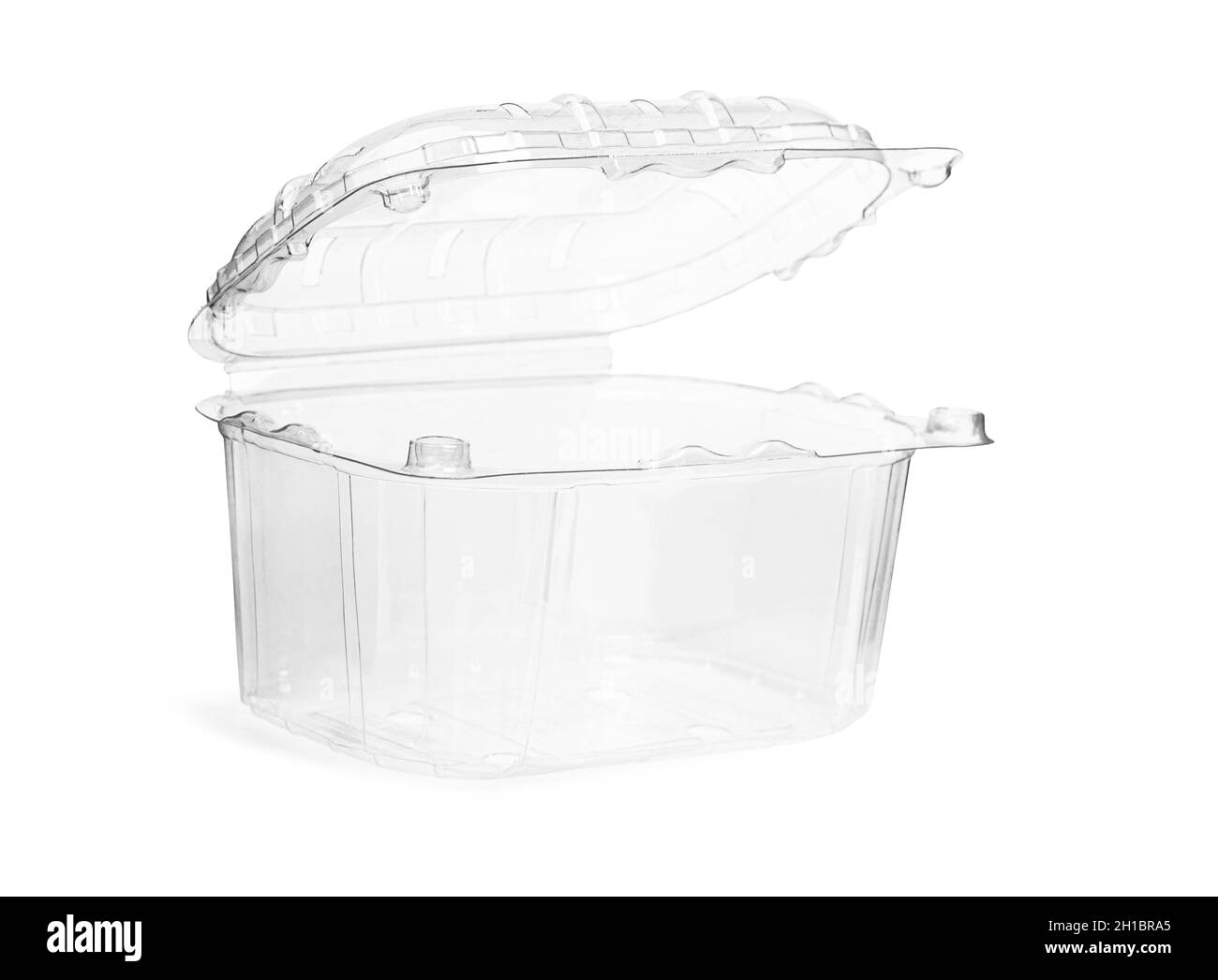 Leere, transparente Kunststoffbox mit Lebensmitteln, deren Deckelverpackung auf weißem Hintergrund isoliert ist Stockfoto