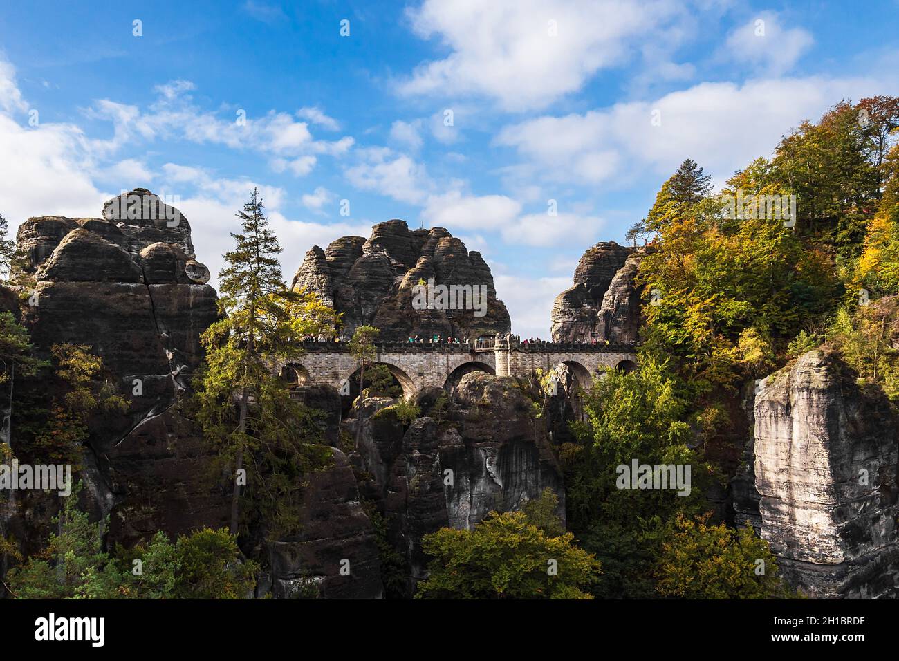 Blick auf Felsen und Bäume und die Bastion-Brücke im sächsischen Sandsteingebirge, Deutschland. Stockfoto