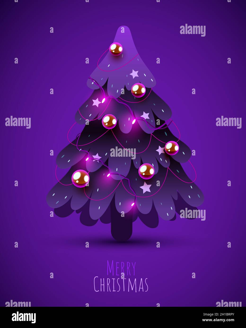 Geschmückter Weihnachtsbaum mit Girlande, Deko-Kugeln und Lampen. Frohe Weihnachten und Frohes neues Jahr. Vektorgrafik. Stock Vektor