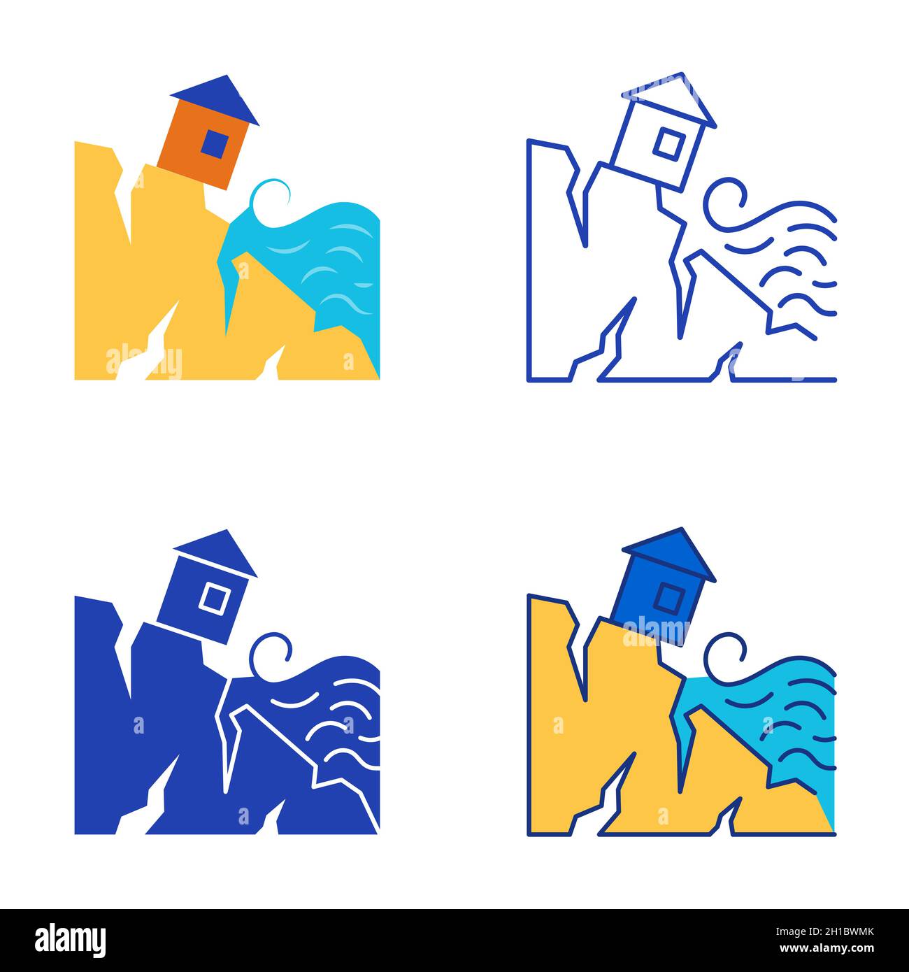 Coastal Erosion Icon in flacher und linischer Form. Küstenzerstörung durch Wellen aufgrund des Meeresspiegelanstiegs. Vektorgrafik. Stock Vektor