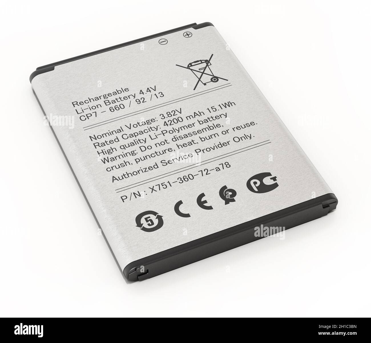 Generischer Ersatz-Smartphone-Akku auf weißem Hintergrund isoliert. 3D-Illustration. Stockfoto