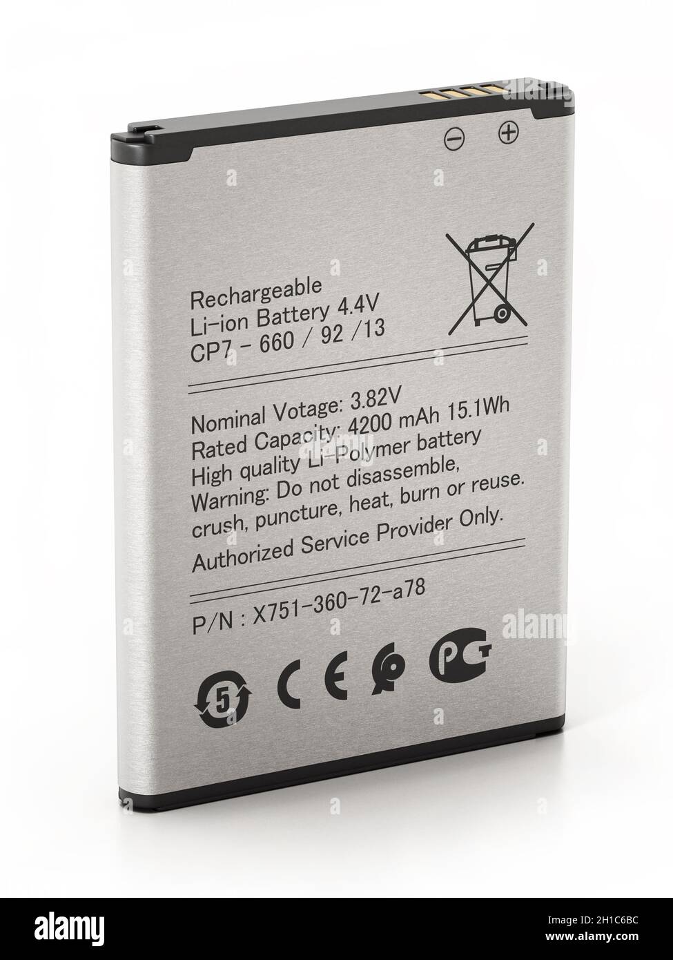 Generischer Ersatz-Smartphone-Akku auf weißem Hintergrund isoliert. 3D-Illustration. Stockfoto