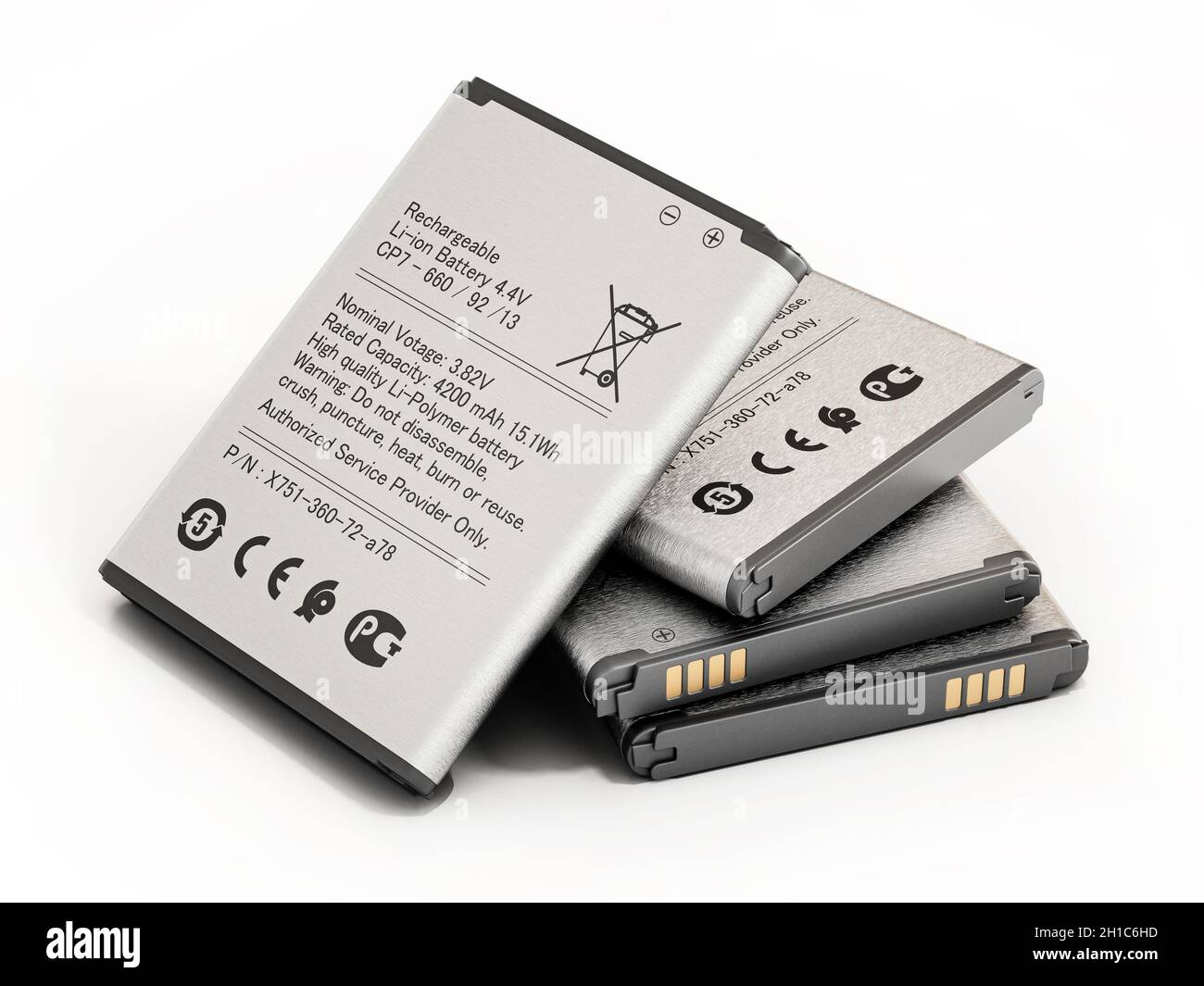 Generische Ersatz-Smartphone-Akkus auf weißem Hintergrund isoliert. 3D-Illustration. Stockfoto