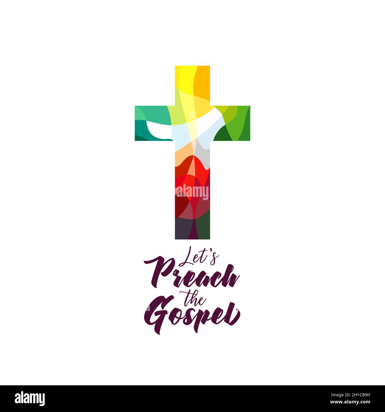 Christliche Kirche Mission Ikone Konzept. Religiöse Buntglasfenster Coloful Cross Web-Schild. Kreative Logo-Idee. Isolierte abstrakte Grafik Design Temp Stock Vektor