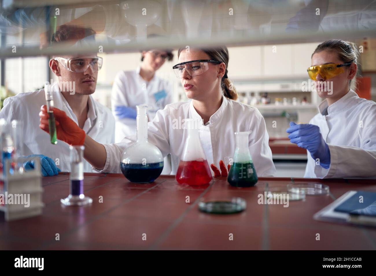 Junge Chemiestudenten konzentrieren sich auf den Umgang mit gefährlichen Chemikalien in einer Arbeitsatmosphäre im Universitätslabor. Wissenschaft, Chemie, Labor, Stockfoto