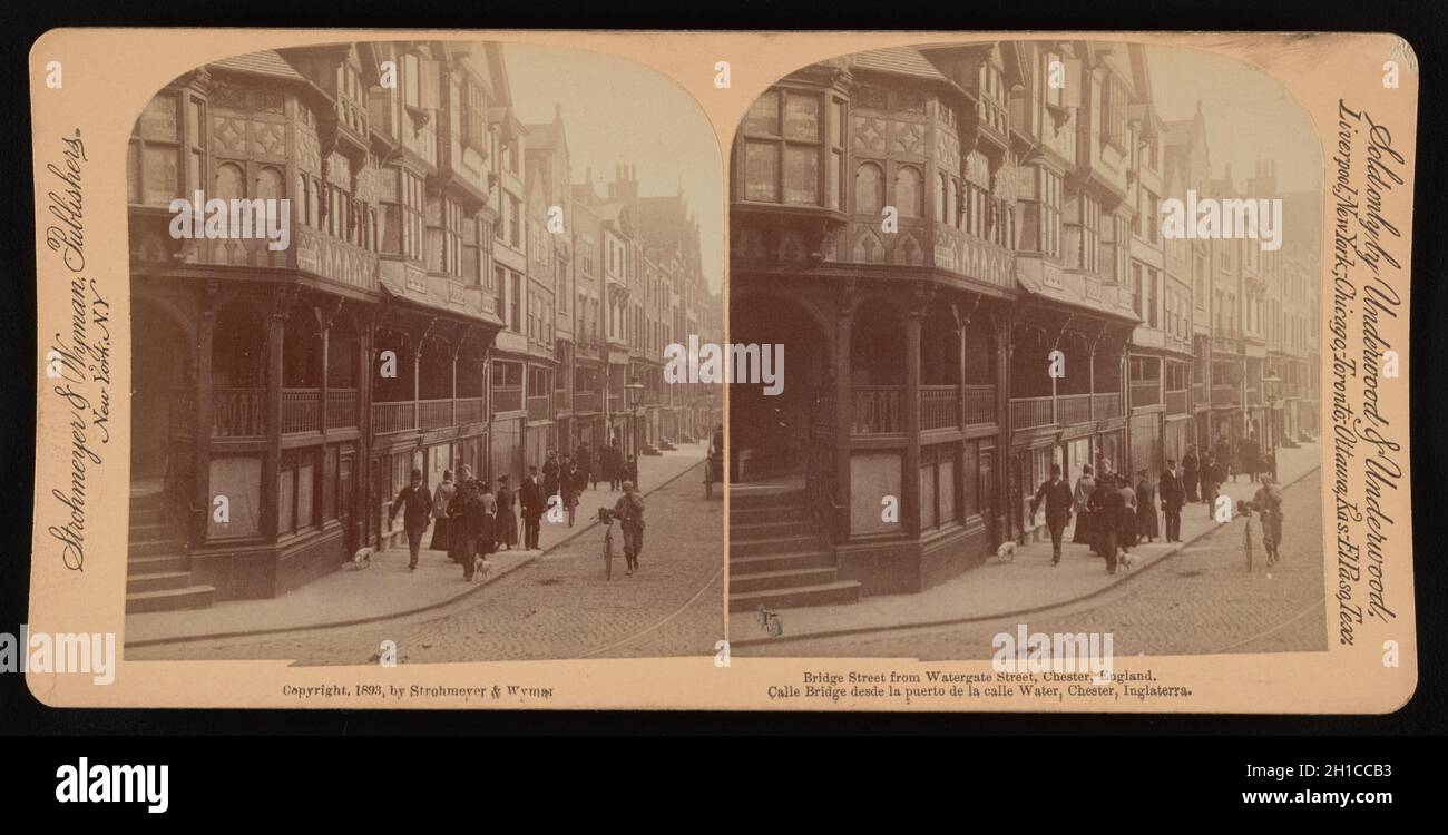 Ein altes stereoskopisches Foto aus dem Jahr 1893 von der Bridge Street von der Watergate Street in Chester, einer historischen Stadt in England, die auf das Mittelalter zurückgeht. Stockfoto