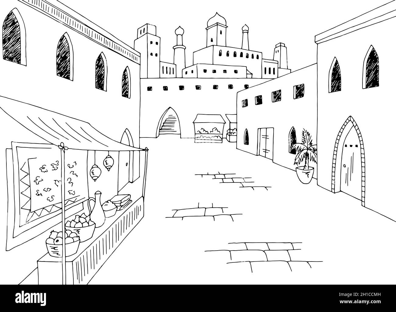 Alte arabische Straßengrafik schwarz weiß Stadt Landschaft Skizze Illustration Vektor Stock Vektor