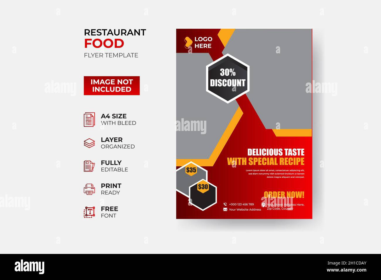 Fast Food Flyer Design-Vorlage Kochen, Café und Restaurant-Menü, Lebensmittel bestellen, Junk-Food. Pizza, Burger, Pommes Frites und Soda. Stock Vektor