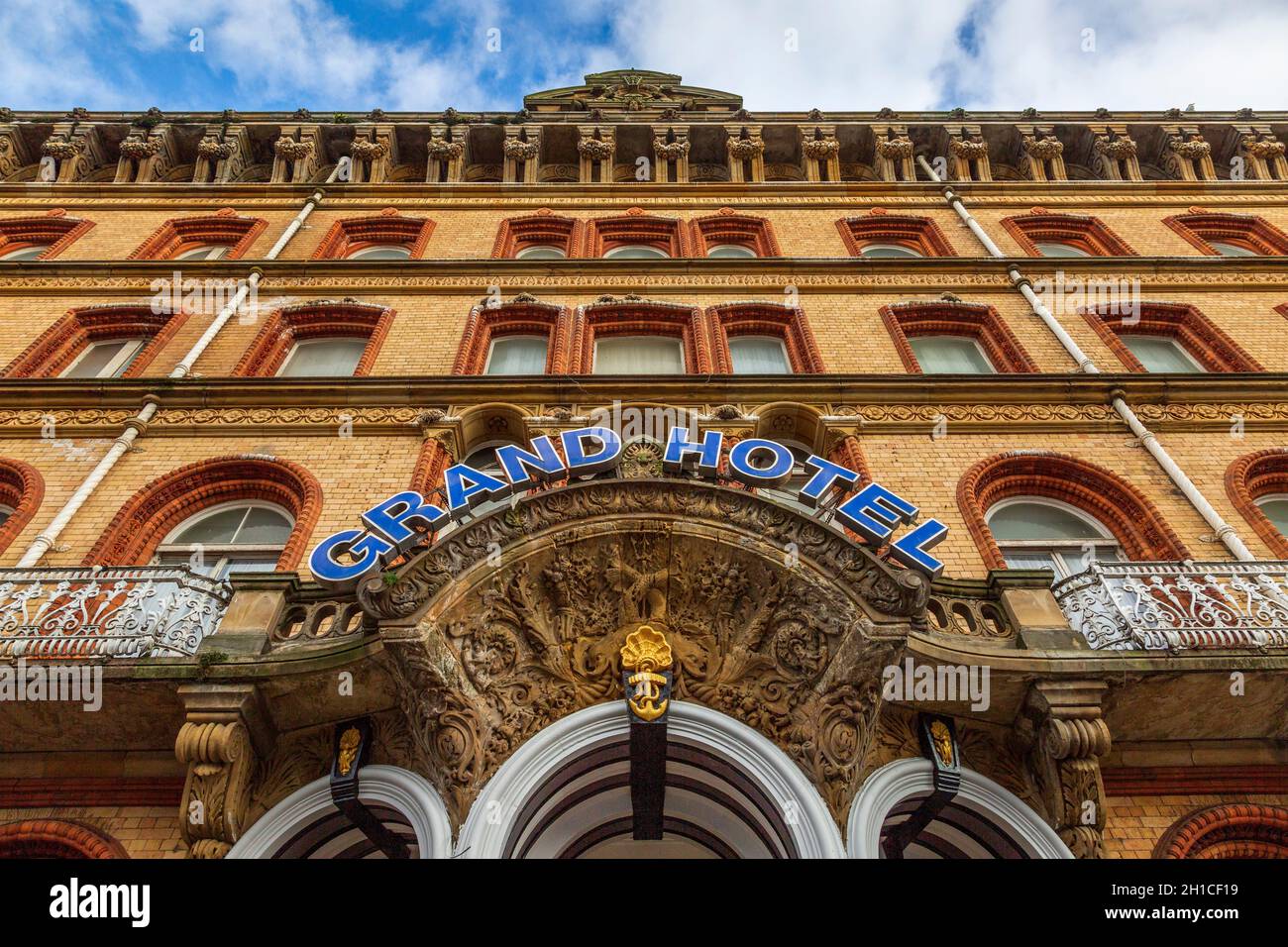 Der Eingang zum Grand Hotel in Scarborough, North Yorkshire, England Stockfoto
