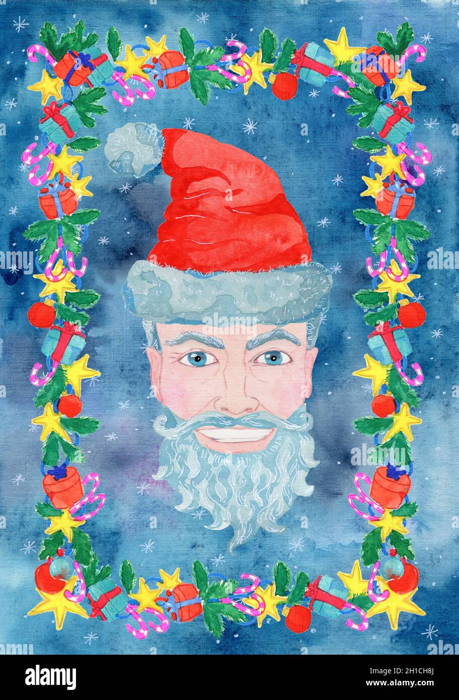 Weihnachtskarte mit einem hübschen alten Mann, der einen Weihnachtsmannhut und einen Rahmen mit Geschenken und Dekorationen trägt. Cooler Gentleman zum neuen Jahr. Aquarell illustrr Stockfoto