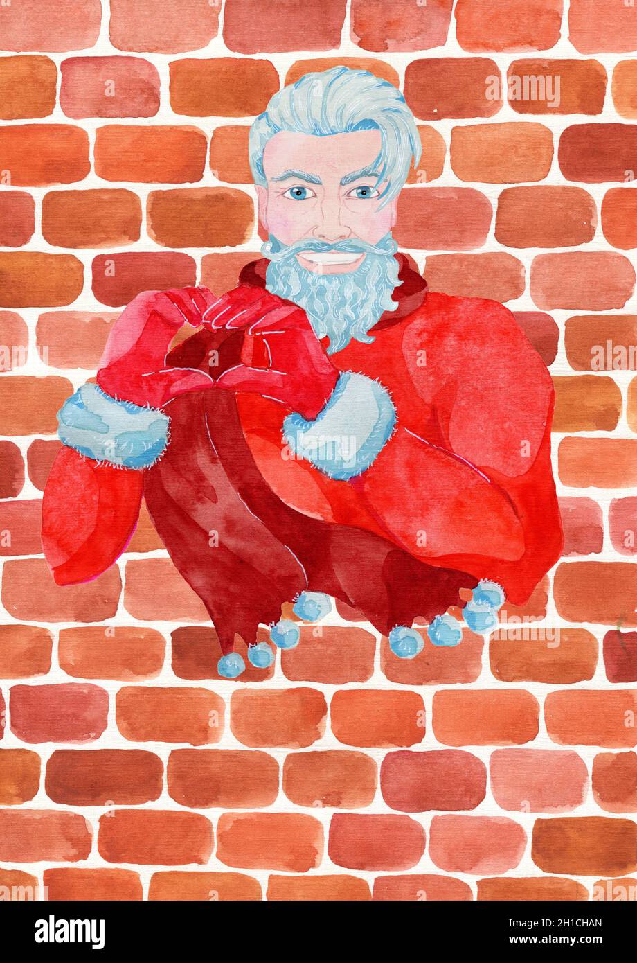 Weihnachts-Grußkarte mit hübscher Weihnachtsmann-Hipster, die ein Herzsymbol mit kuppigem Platz an der Ziegelwand zeigt. Cooler Gentleman zum neuen Jahr. Watercolo Stockfoto