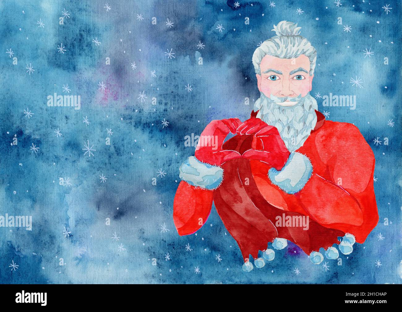 Weihnachts-Grußkarte mit trendigen alten Mann Hipster trägt Weihnachtsmann Kostüm und zeigt Herz-Symbol. Cooler Gentleman zum neuen Jahr. Aquarell-Illustration Stockfoto