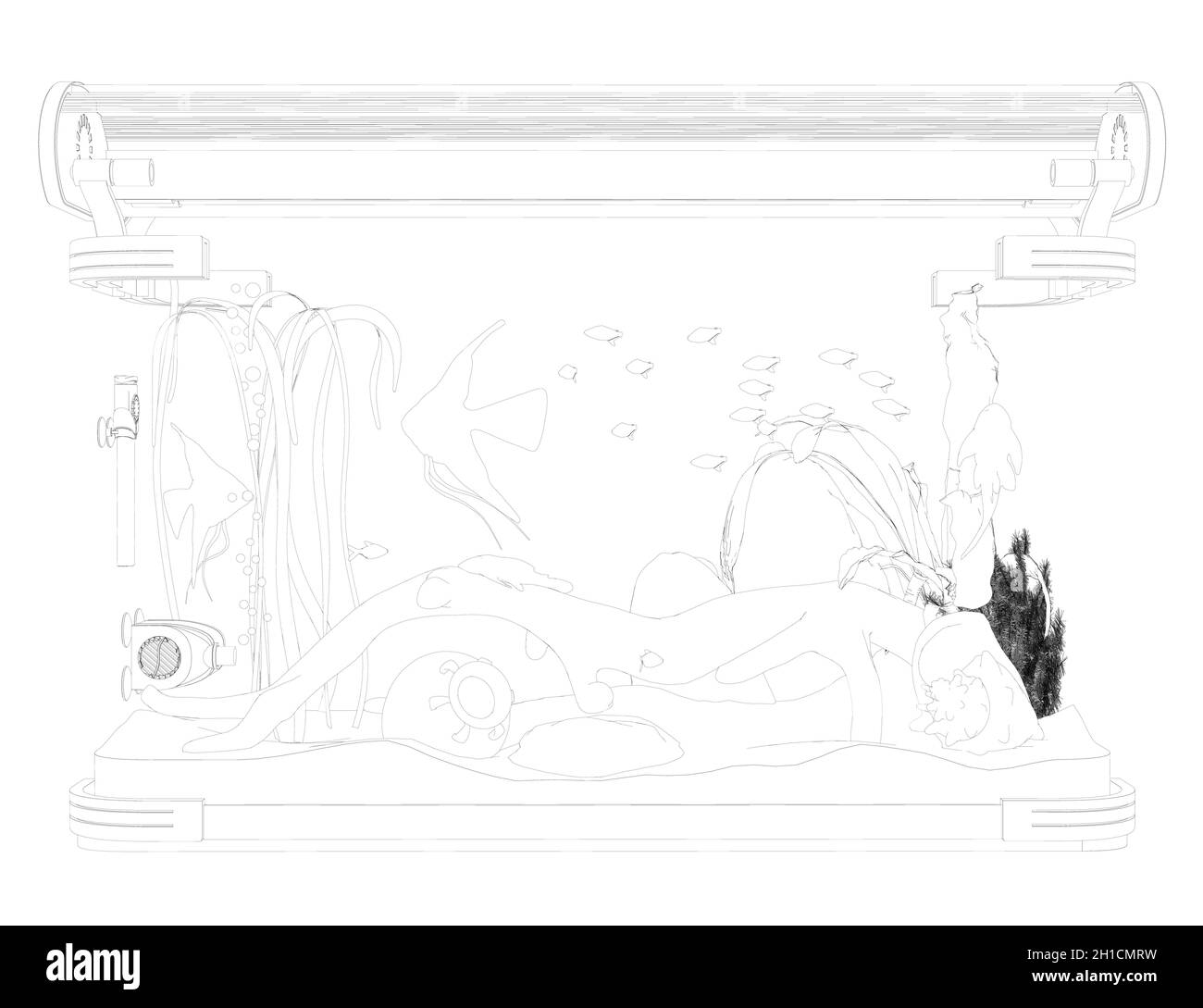 Die Kontur des Aquariums mit kleinen Fischen aus schwarzen Linien isoliert auf weißem Hintergrund. Vektorgrafik. Stock Vektor