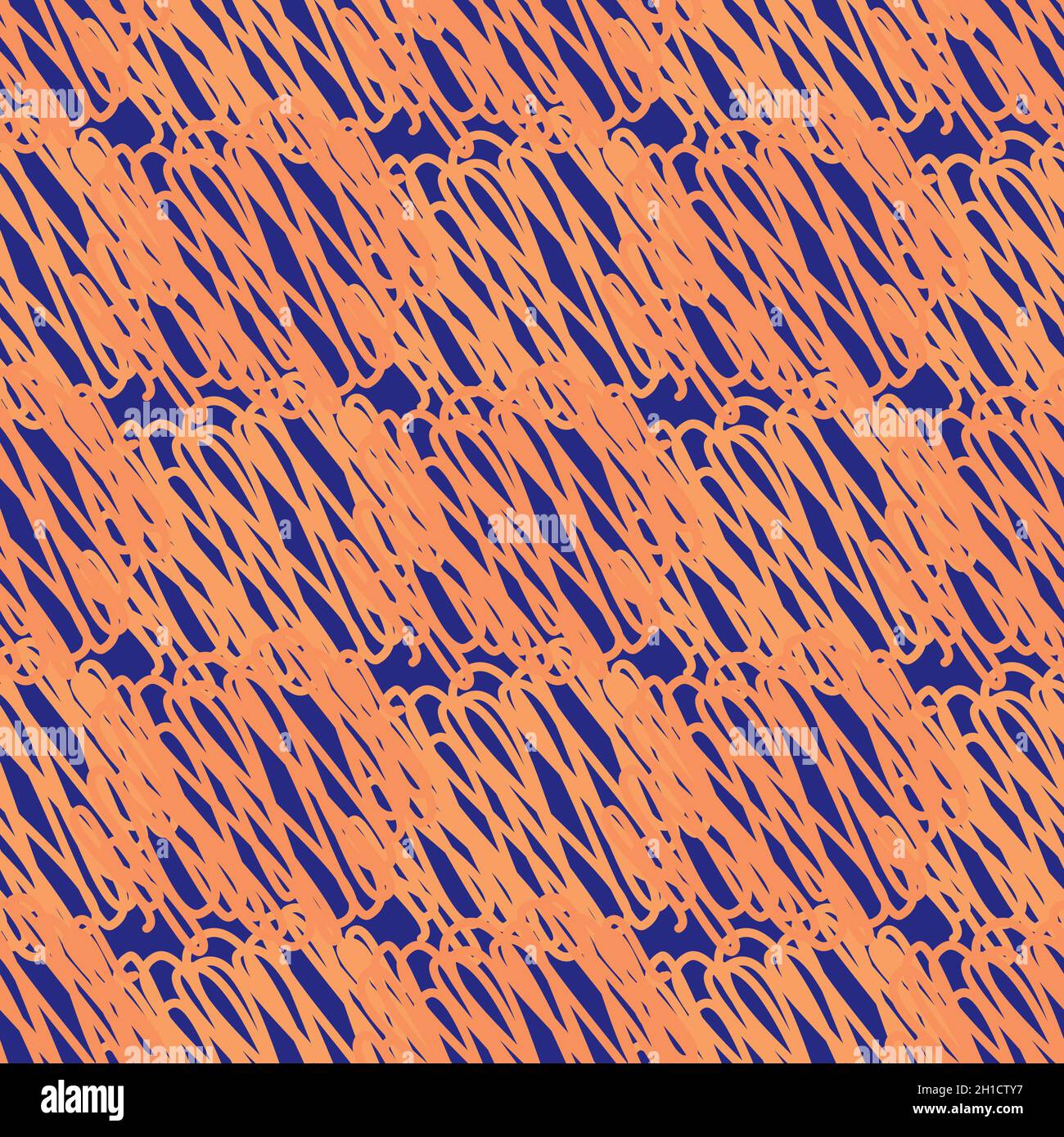 Abstrakt gestrickt Vektor Muster Textur Hintergrund. Orangeblauer Hintergrund mit unregelmäßigen Schleifen aus Häkelgarn. REPEAT mit gekritzelter Struktur Stock Vektor