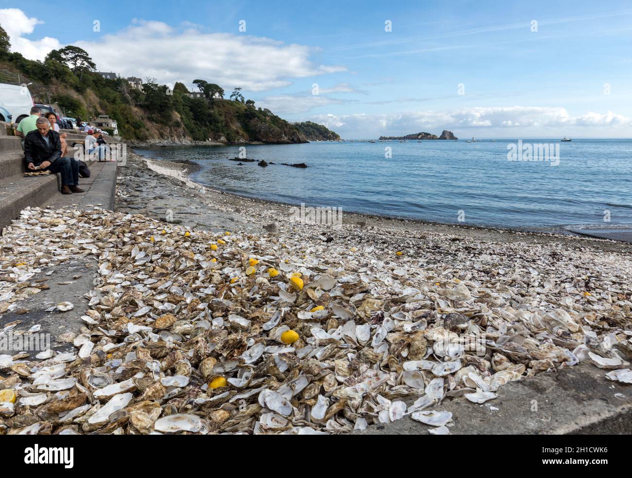 Cancale, Frankreich - 15. September 2018: Tausende von leeren Schalen von gegessen Austern auf Meeresboden in Cancale, berühmt für Auster Betriebe verworfen. Bretagne Stockfoto