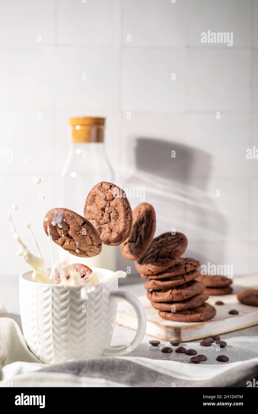 Frische Schokoladenkekse, die in einer Tasse Milch spritzen Stockfoto