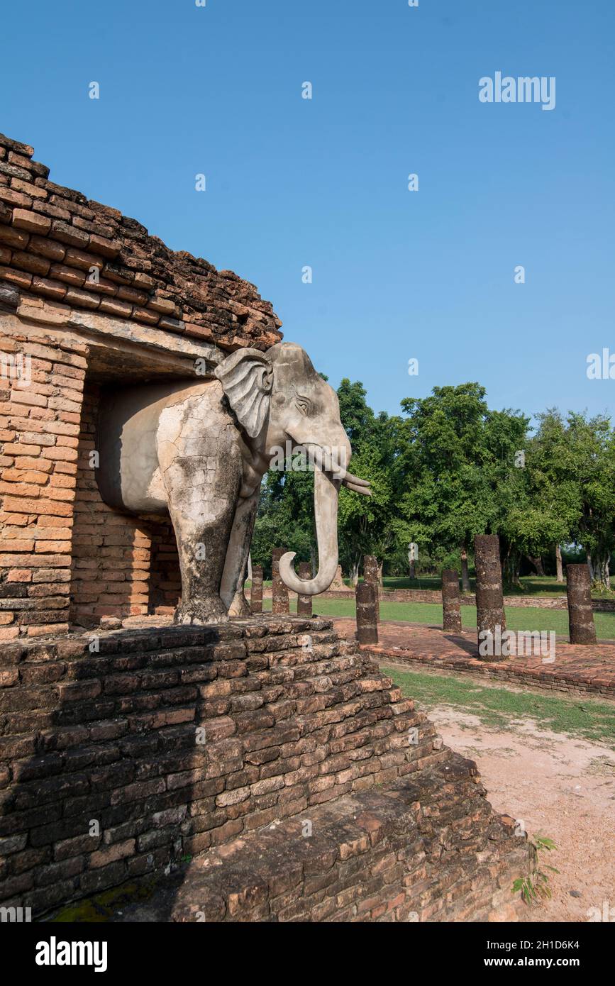 Der Wat Chang Lom Tempel im historischen Park in Sukhothai in der Provinz Sukhothai in Thailand. Thailand, Sukhothai, November 2019 Stockfoto