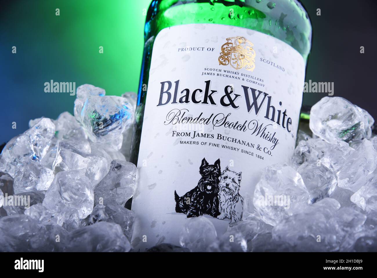 POZNAN, POL - NOV 21, 2019: Bottle of Black and White, ein Blended Scotch Whisky, hergestellt von Diageo, ursprünglich hergestellt von James Buchanan in Londo Stockfoto