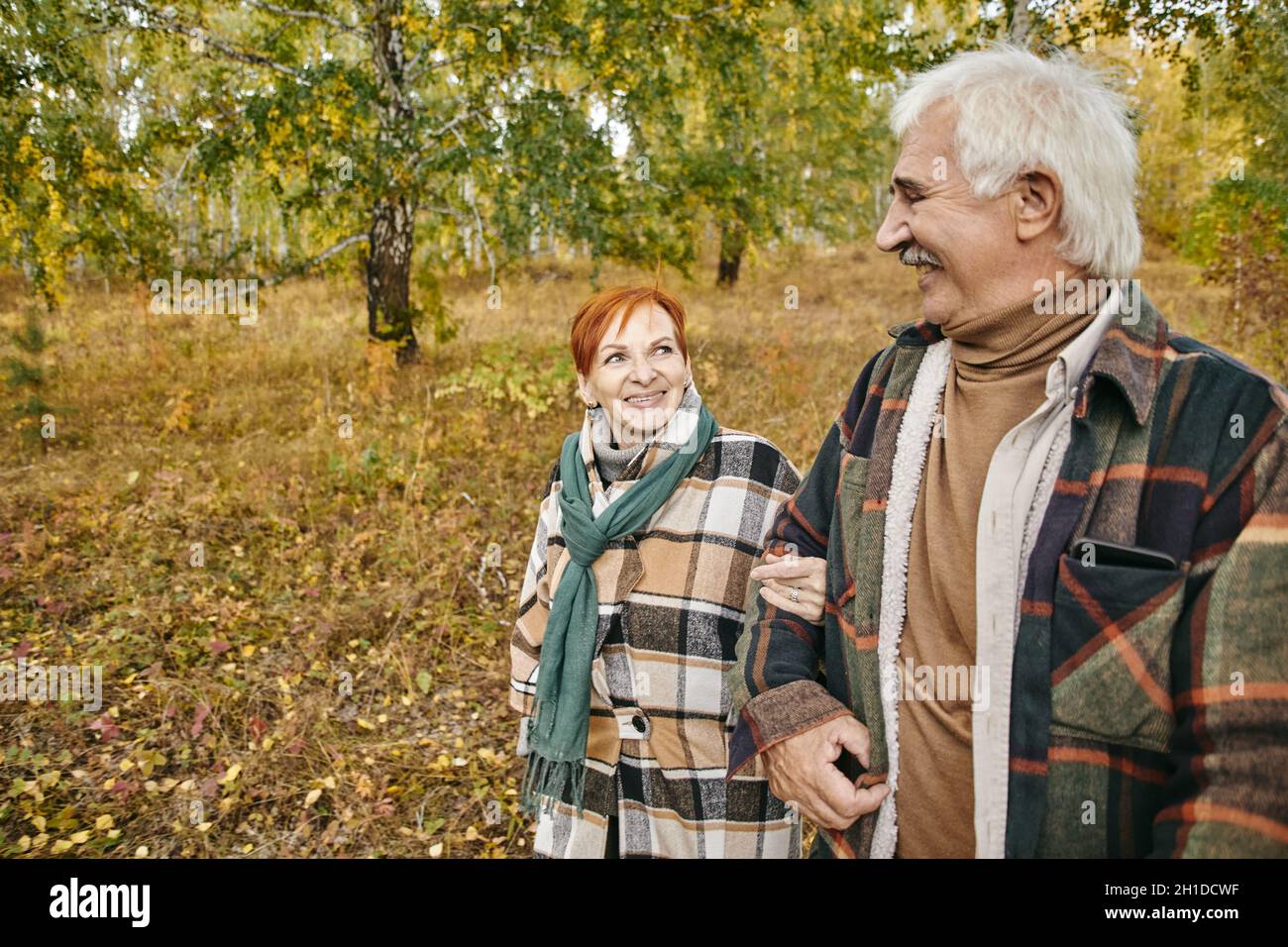 Glückliches Seniorenpaar, das gemeinsam im Herbstwald spazierengeht, sich unterhält und genießt Stockfoto