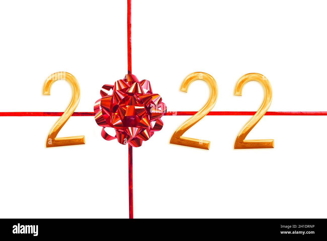 2022 Rote Geschenkschleife und Band isoliert auf weißem Hintergrund, Neujahr Grußkarte Stockfoto