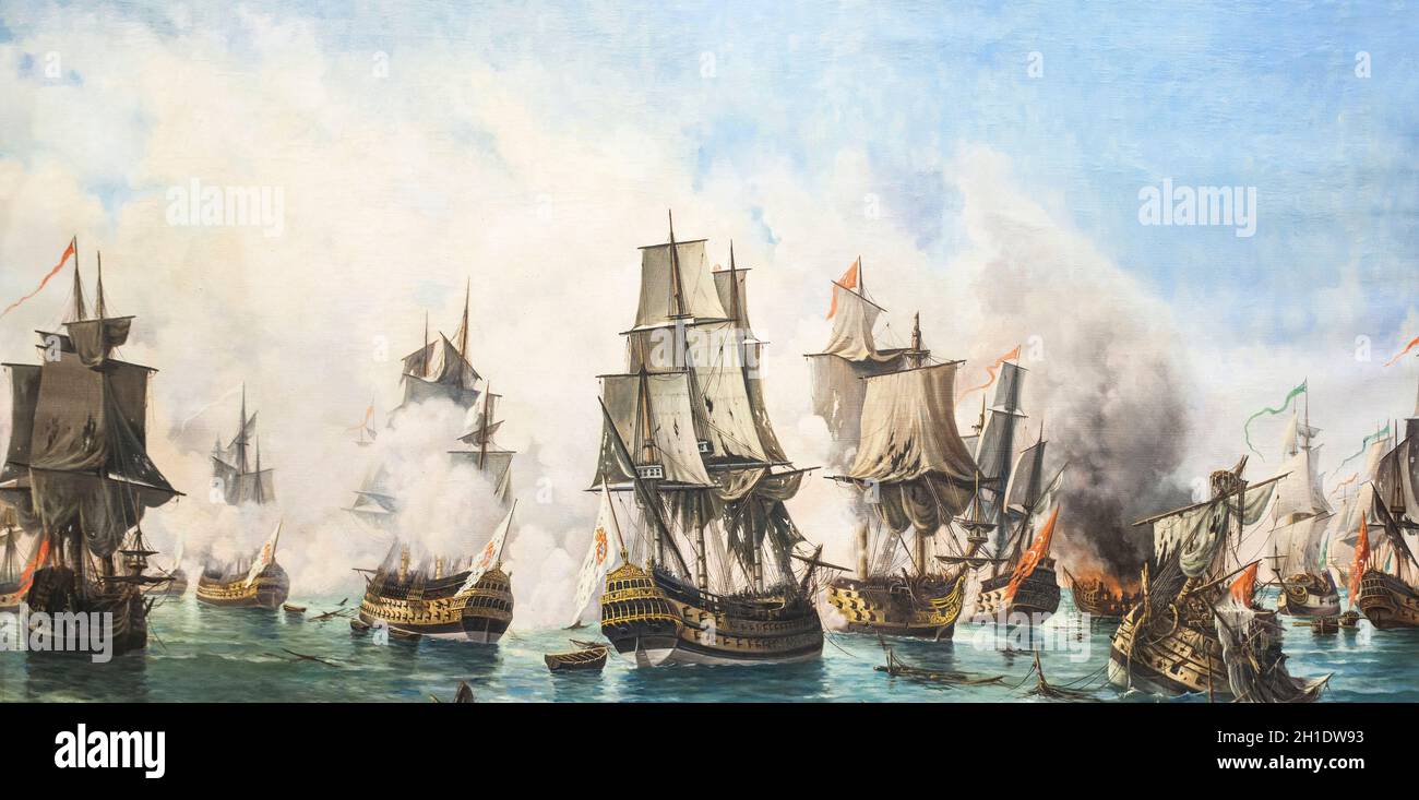 Seeschlacht von Matapan, 1717. Original gemalt von Joao Dantas, 1812. Kopiert von Antonio Jose Ramos, 1956. Öl auf Leinwand. Marinemuseum, Lissabon, Portugal Stockfoto