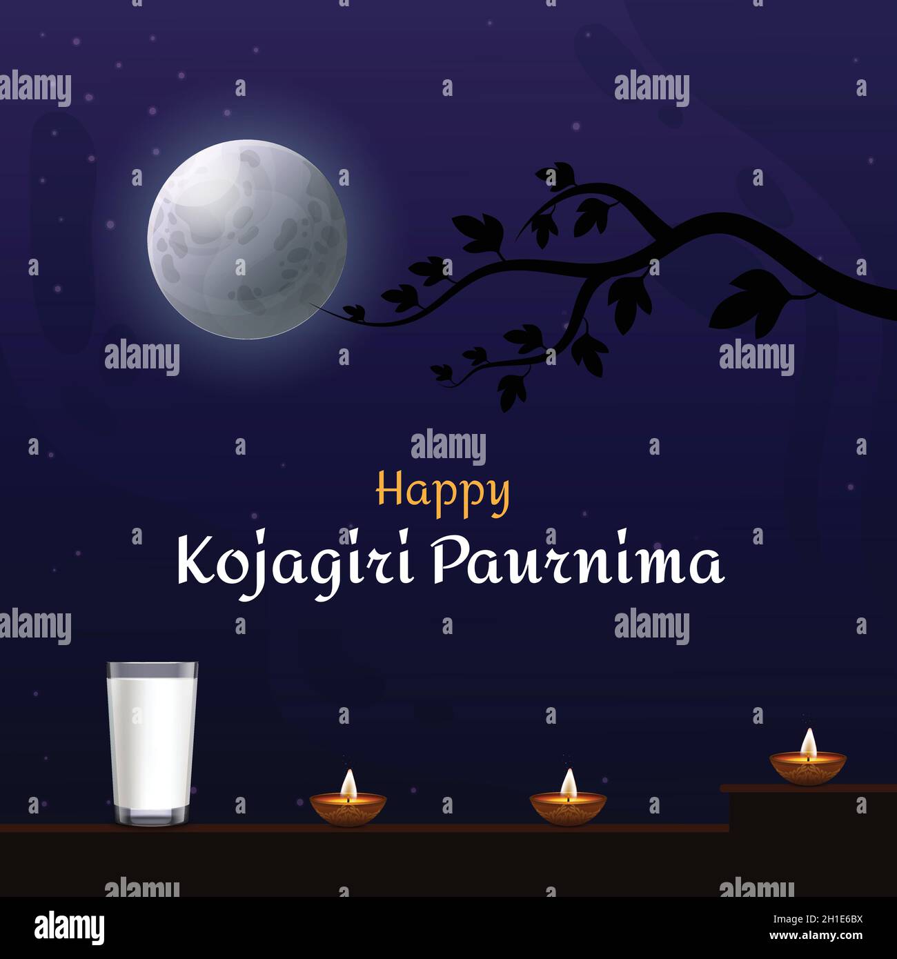 Illustration von Kojagiri Paurnima. Poster dekoriert mit Vollmond, Baum, einem Glas Milch und Diyas. Hintergrund Der Vollmondnacht. Stock Vektor