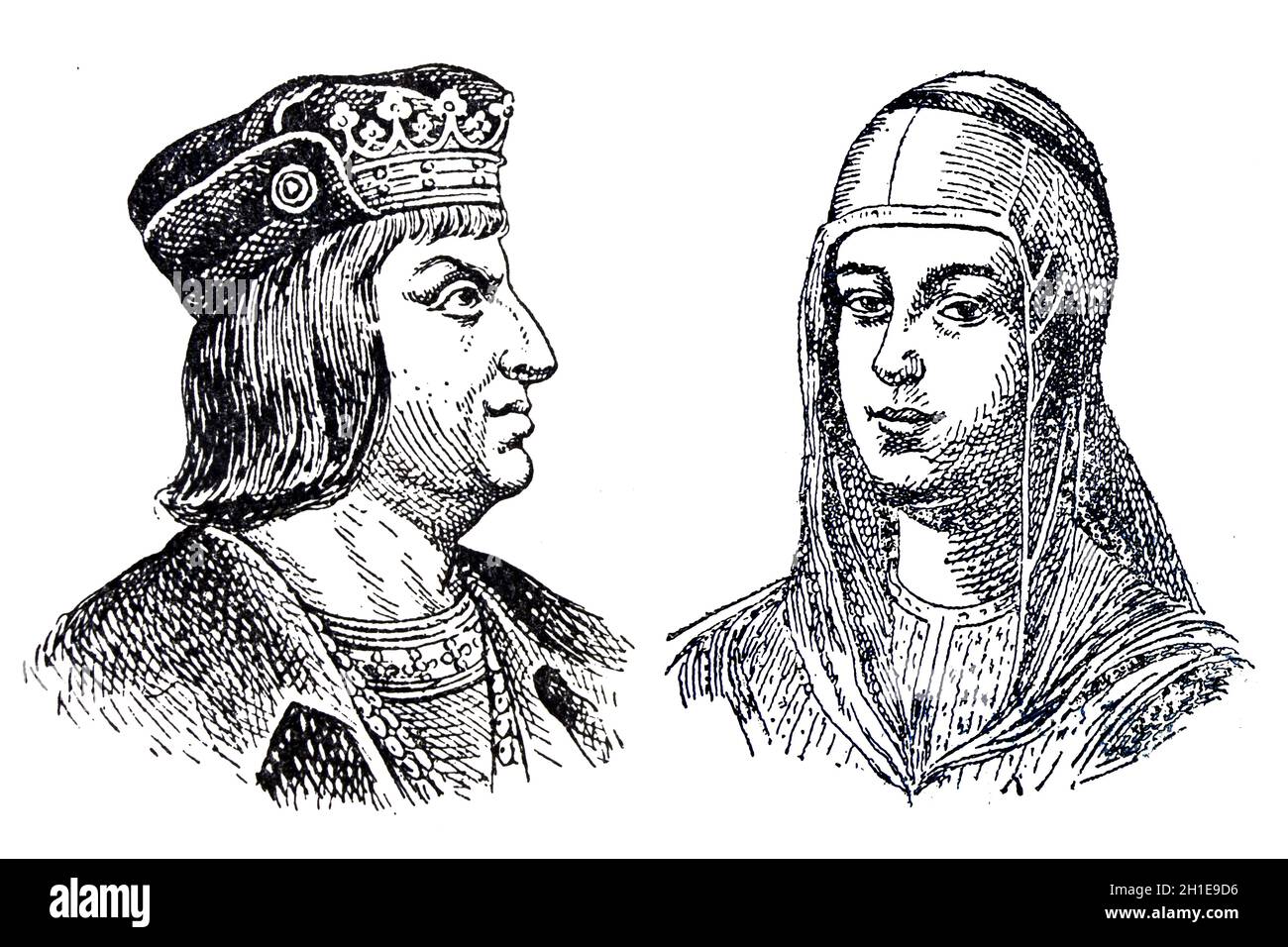 Porträt der Katholischen Könige von Spanien, Königin Isabella I. von Kastilien und König Ferdinand II. Von Aragon. Entw. Aus Enciclopedia Autodidactica von Carles Da Stockfoto