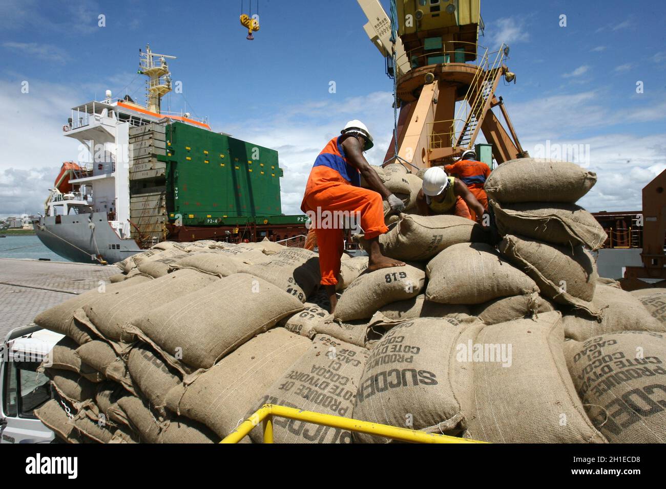 ilheus, bahia / brasilien - 26. märz 2012: Im Hafen von Ilheus, der aus der Elfenbeinküste exportiert wird, werden Arbeiter beim Auslaufen von Kakaobohnen beobachtet. *** Lokale Obergrenze Stockfoto