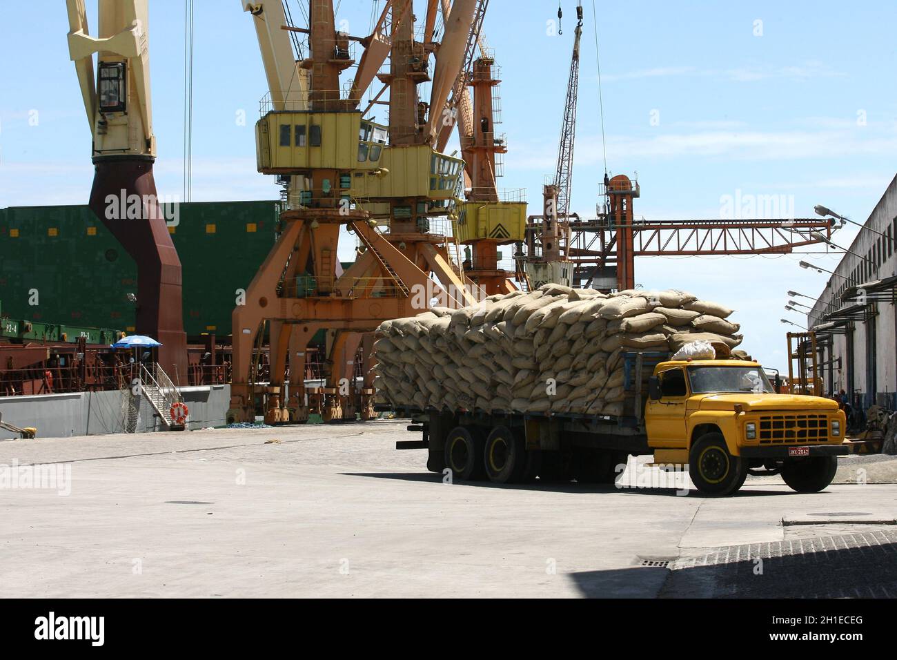 ilheus, bahia / brasilien - 26. märz 2012: Im Hafen von Ilheus, der aus der Elfenbeinküste exportiert wird, werden Arbeiter beim Auslaufen von Kakaobohnen beobachtet. *** Lokale Obergrenze Stockfoto