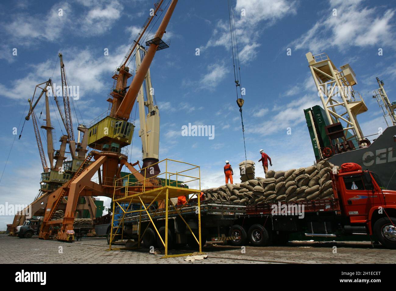 ilheus, bahia / brasilien - 26. märz 2012: Im Hafen von Ilheus, der aus der Elfenbeinküste exportiert wird, werden Arbeiter beim Auslaufen von Kakaobohnen beobachtet. *** Lokale Obergrenze Stockfoto