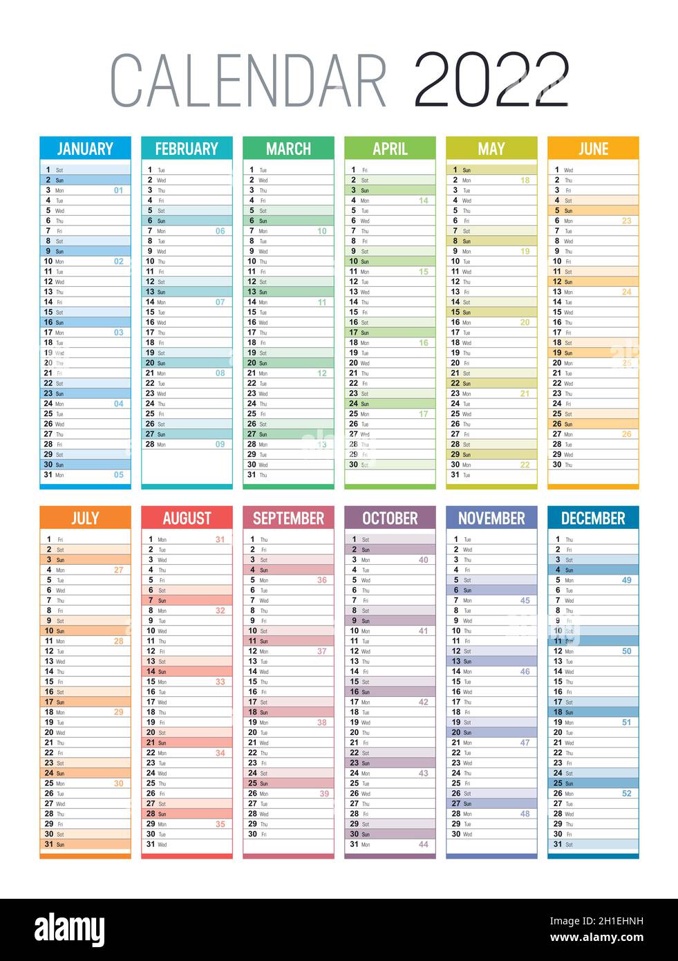 Jahr 2022 farbenfroher Kalender, auf weißem Hintergrund. Vektorvorlage. Stock Vektor