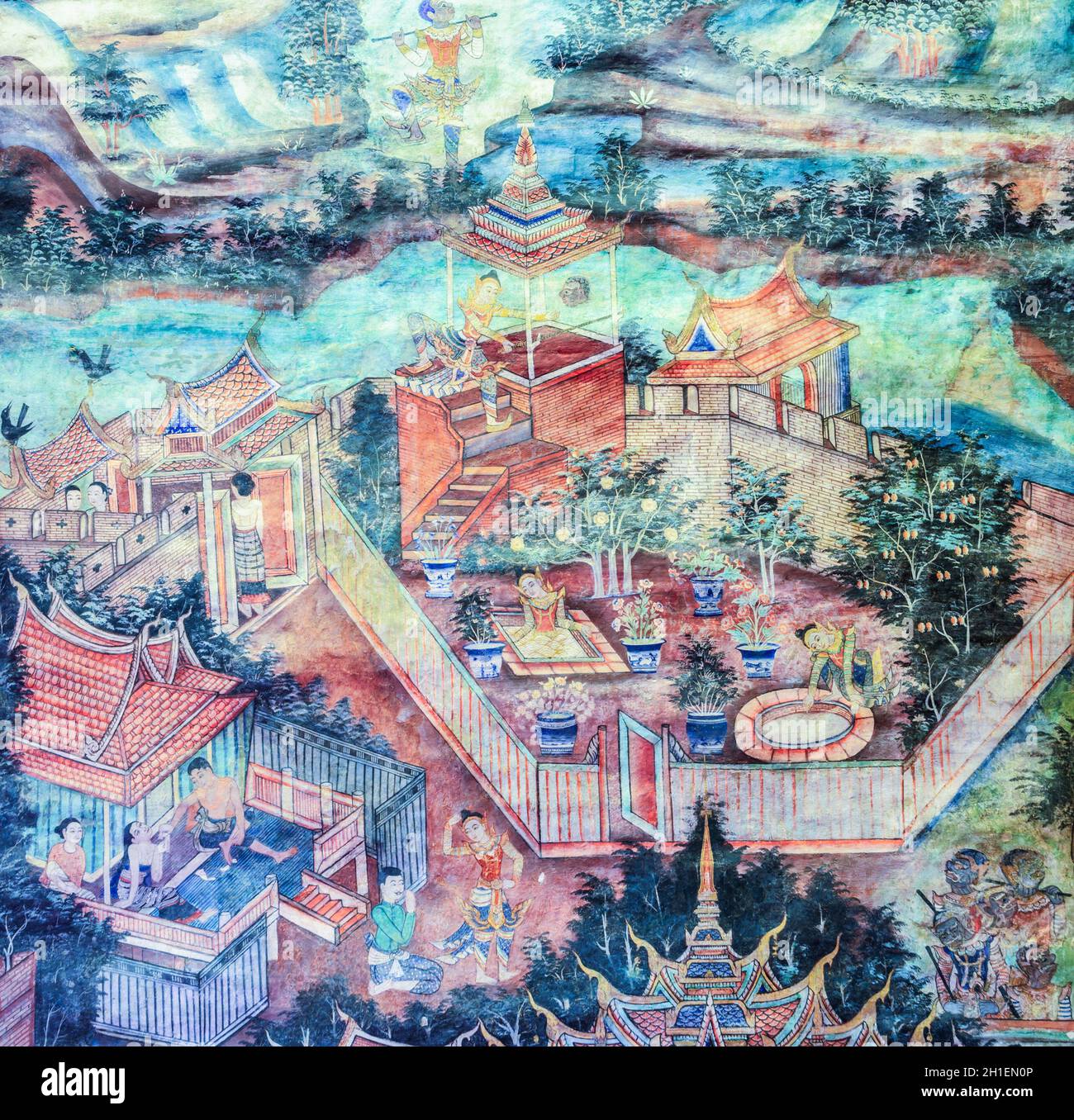 CHIANG MAI, THAILAND - 25. OKTOBER 2014 : Wandmalerei der thailändischen Volksgeschichte von Songthong auf der Tempelmauer des Phra Buddha Singh Tempels in Chiang Mai, Thaila Stockfoto