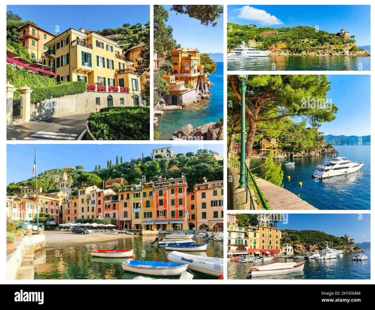 Collage über schöne Bucht mit bunten Häusern in Portofino, Ligurien, in Italien Stockfoto