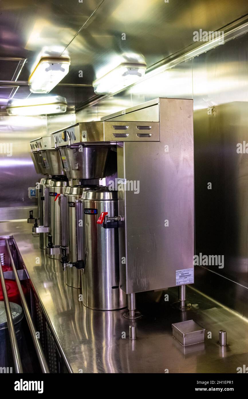 Willemstad, Curacao, Niederlande - 5. Dezember 2019: Küche auf dem Holland America Kreuzschiff Eurodam in der Karibik Stockfoto