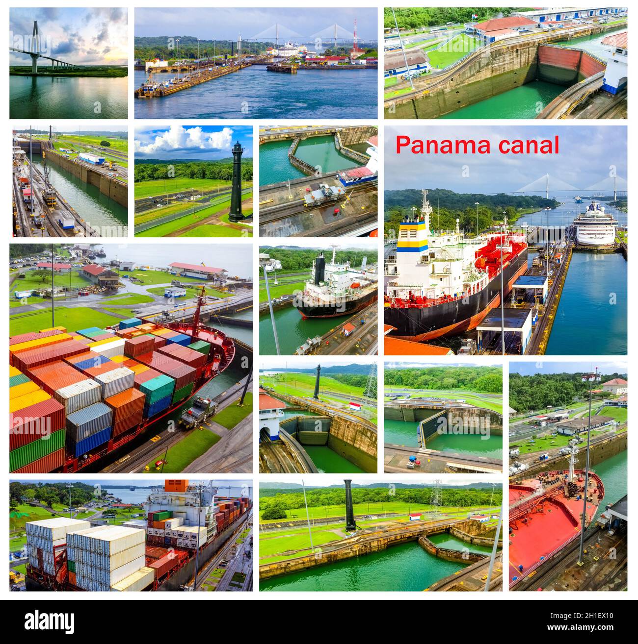 Blick auf den Panamakanal vom Schiff in Panama. Collage Stockfoto