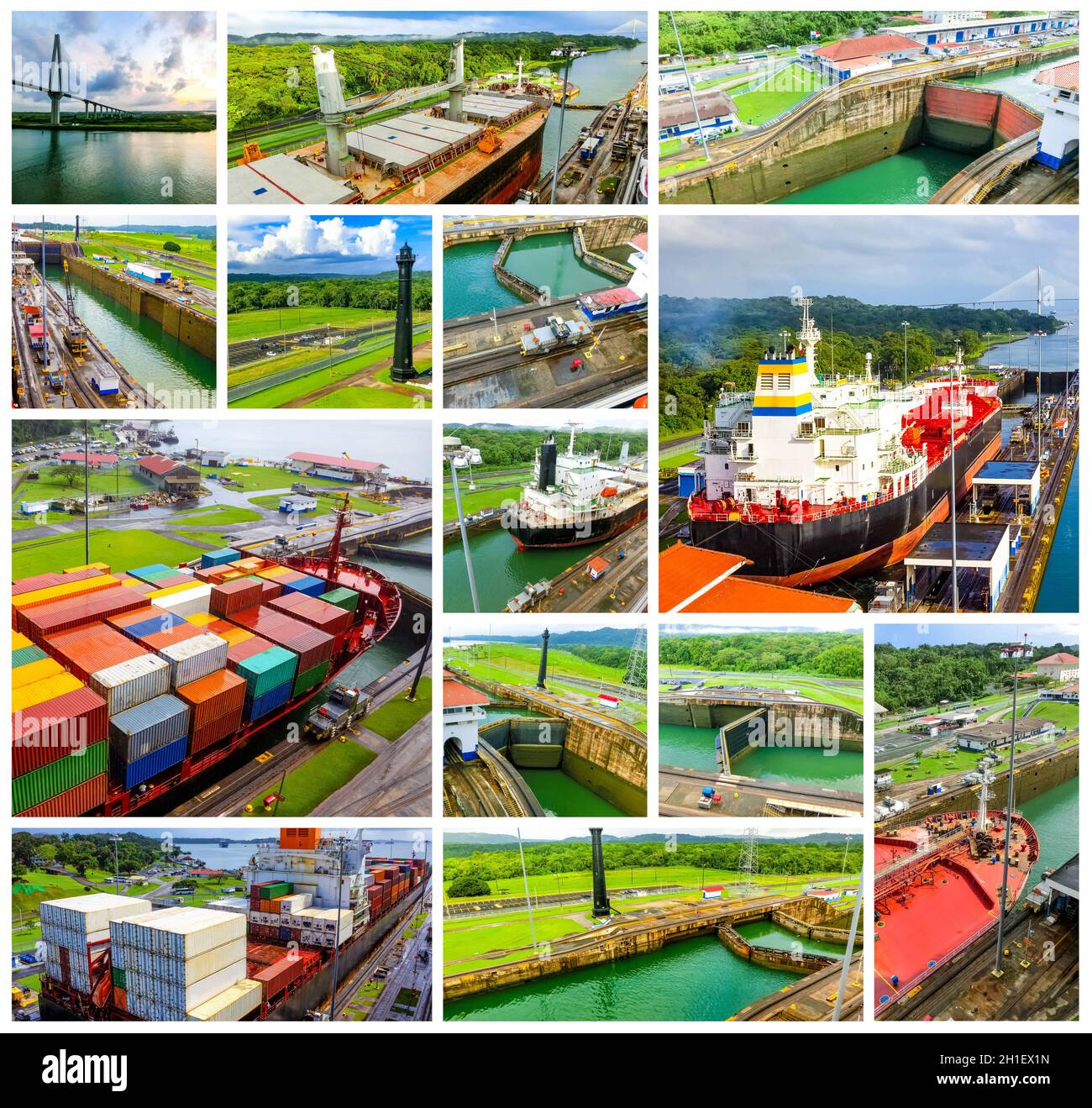 Blick auf den Panamakanal vom Schiff in Panama. Collage Stockfoto