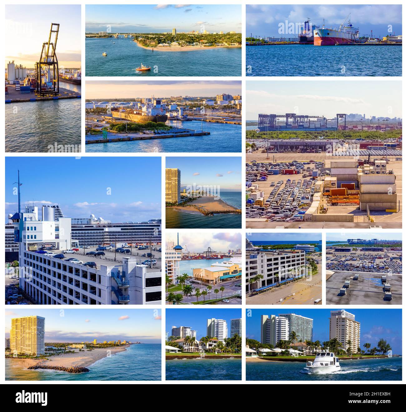 Die Collage über das Terminal in Port Everglades, in Ft. Lauderdale, Florida, USA und Kanäle und Strand. Stockfoto
