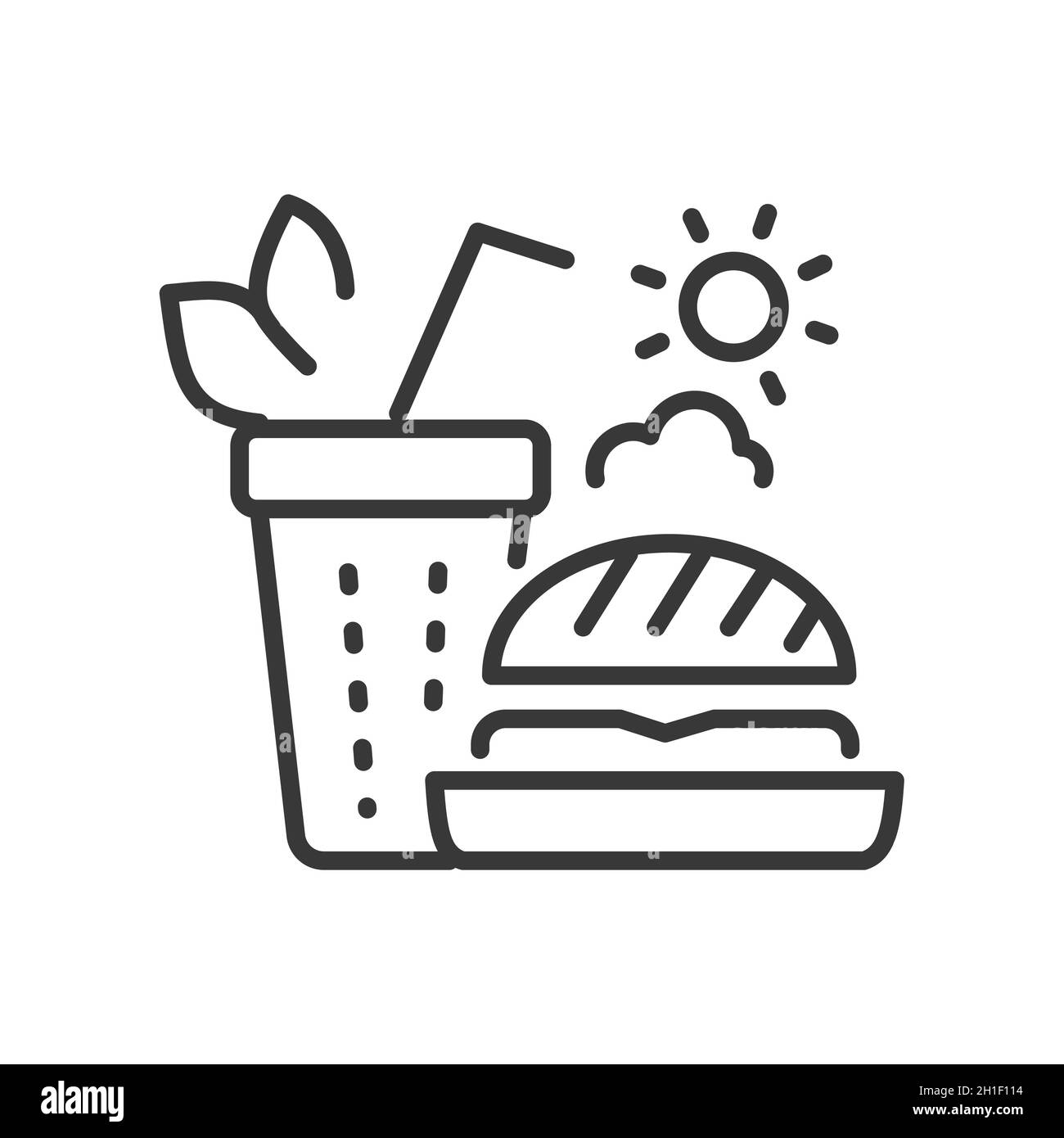 Fast Food - Vektor-Liniendesign einzelnes isoliertes Symbol auf weißem Hintergrund. Hochwertiges schwarzes Piktogramm. Einfache sommerliche Takeaways. Kaltes Getränk in einem Glas Stock Vektor